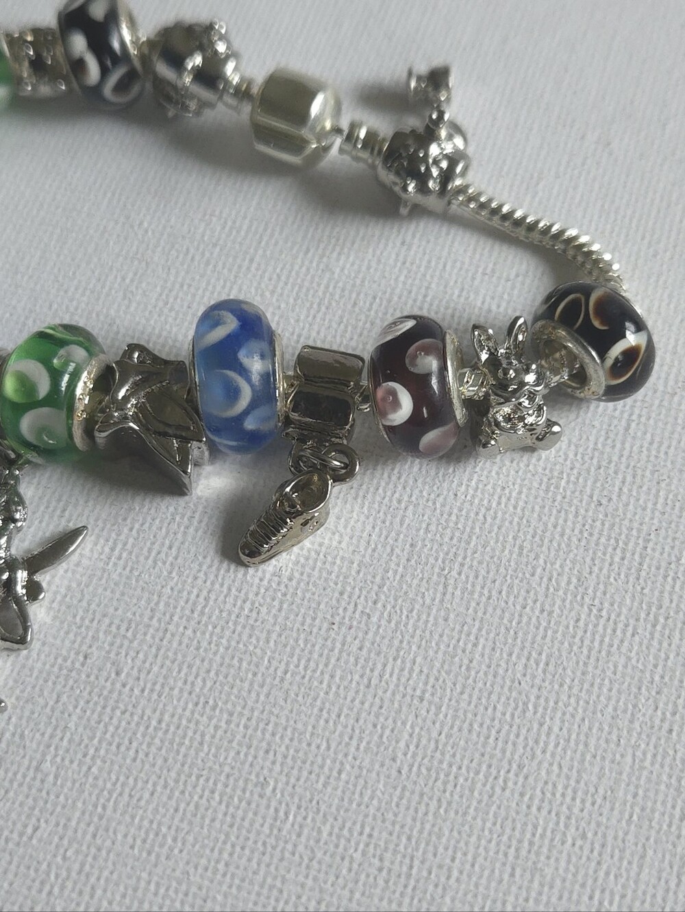 925 Sterling Silver Murano Style Glass Bead Charm Bracelet Snake Chain